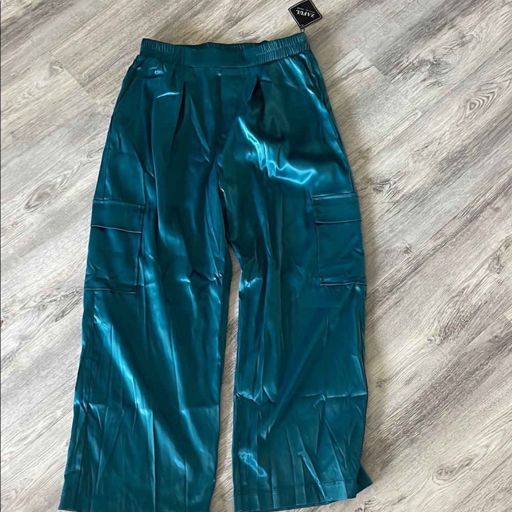 Teal Satin Wide-Leg Cargo Pants